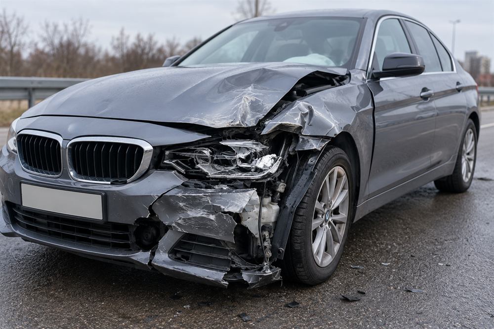 Автомобиль с повреждённым передним бампером после ДТП